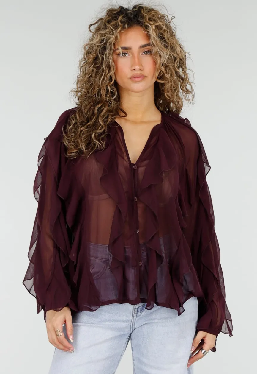 Bordeaux Chiffon Blouse met Ruffles en Lange Mouwen