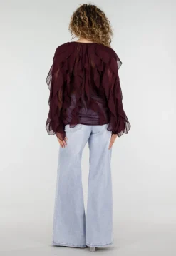 Bordeaux Chiffon Blouse met Ruffles en Lange Mouwen