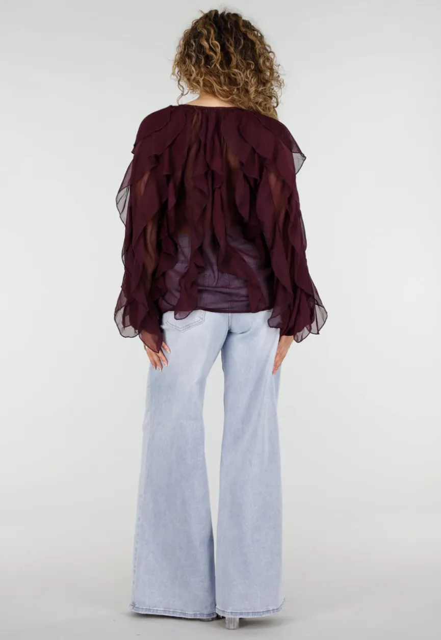 Bordeaux Chiffon Blouse met Ruffles en Lange Mouwen