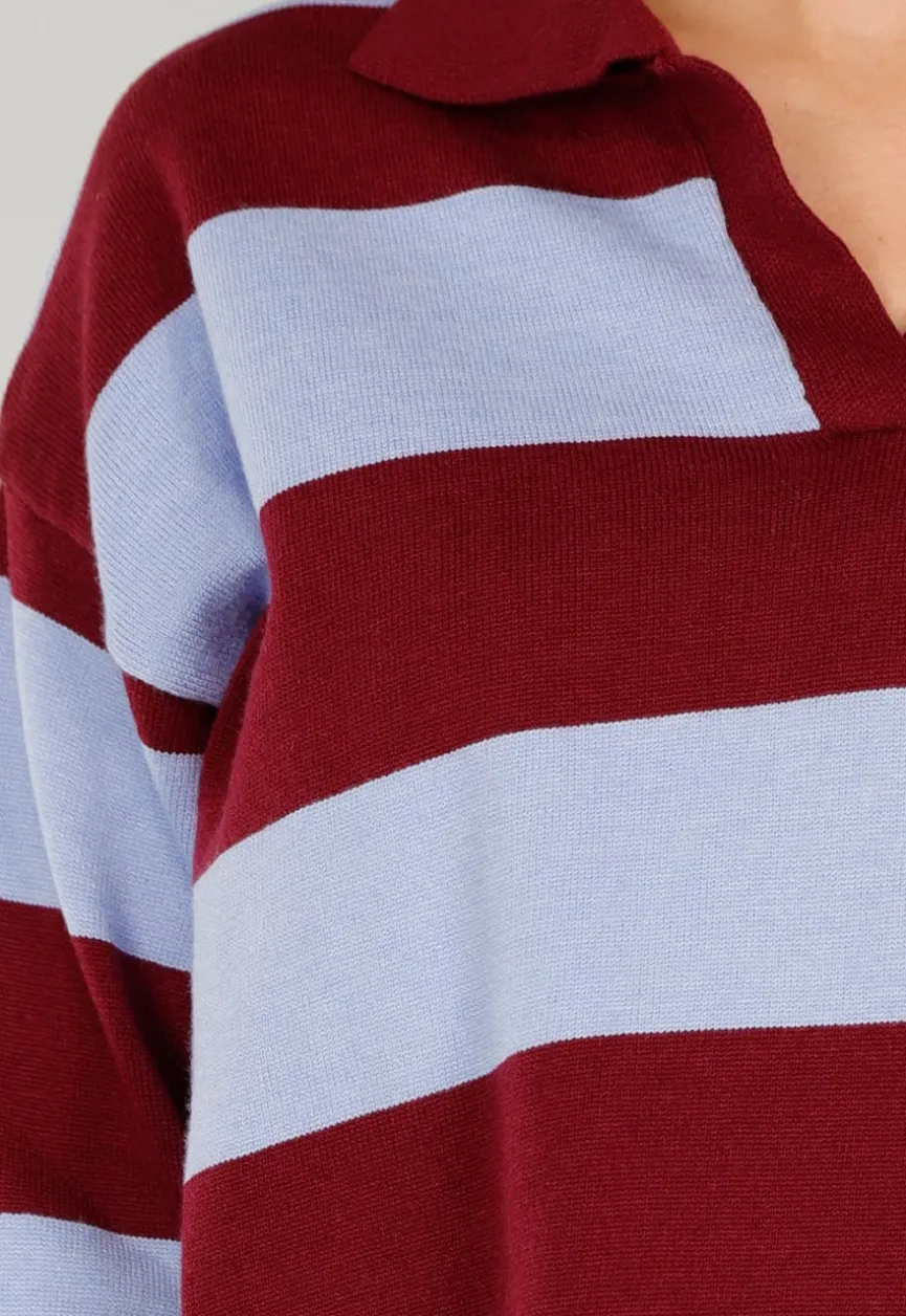 Bordeaux en Lichtblauw Gestreepte Polo Trui met V Hals