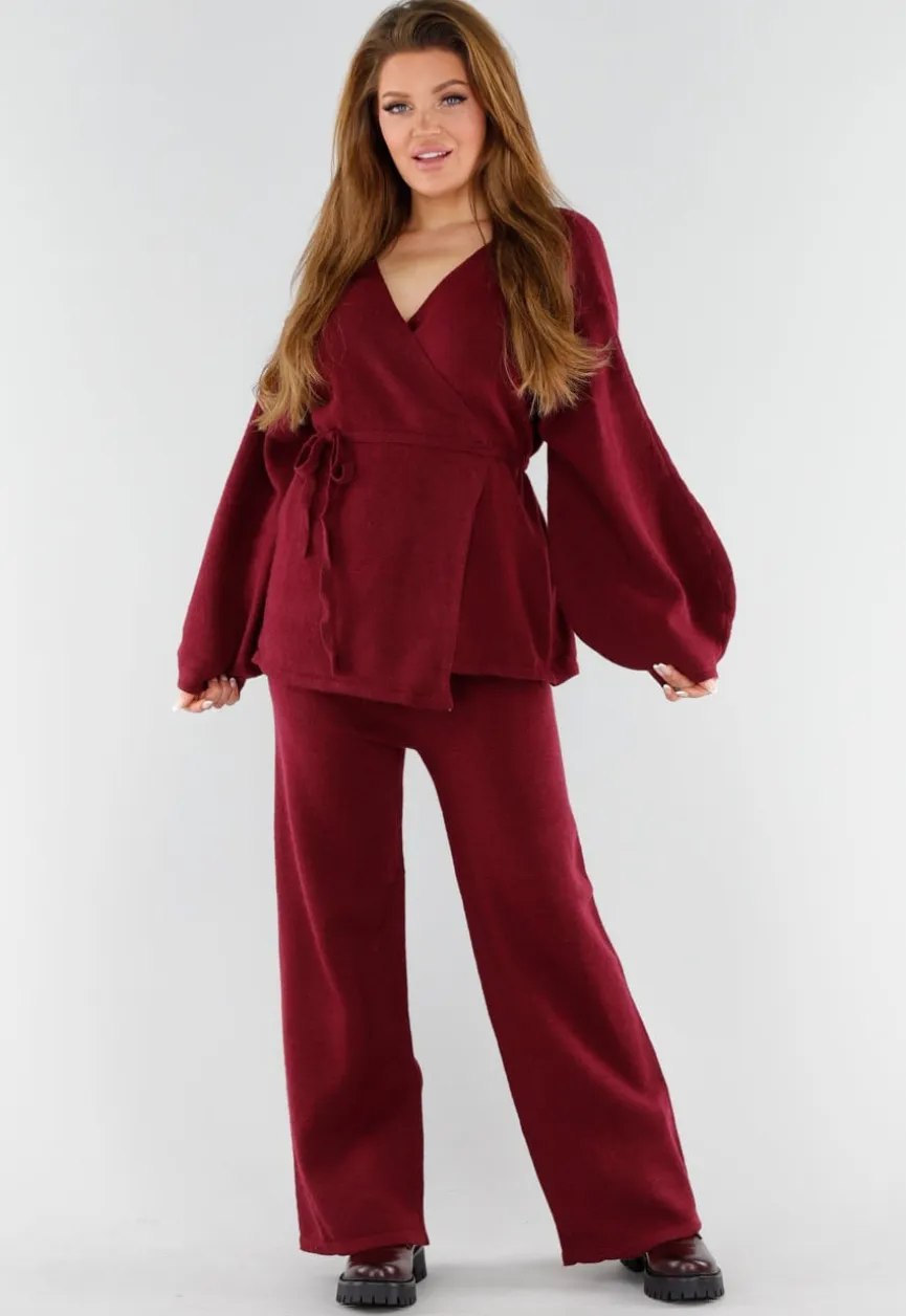 Bordeaux Gebreide Set met Overslag Top en Wijde Broek