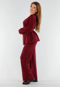 Bordeaux Gebreide Set met Overslag Top en Wijde Broek