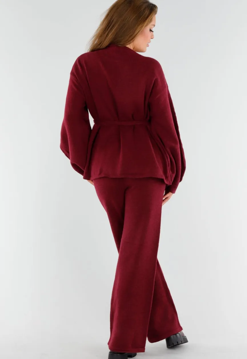 Bordeaux Gebreide Set met Overslag Top en Wijde Broek