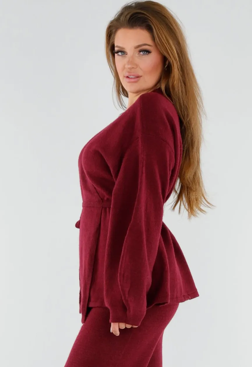 Bordeaux Gebreide Set met Overslag Top en Wijde Broek