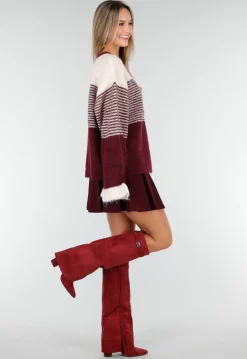 Bordeaux Gestreept Vest met Knoopsluiting en Contrasterende Boorden