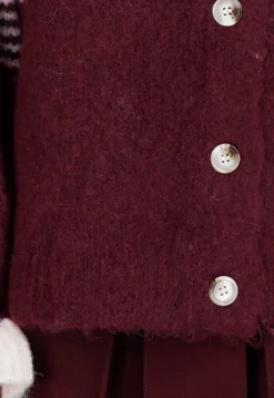 Bordeaux Gestreept Vest met Knoopsluiting en Contrasterende Boorden