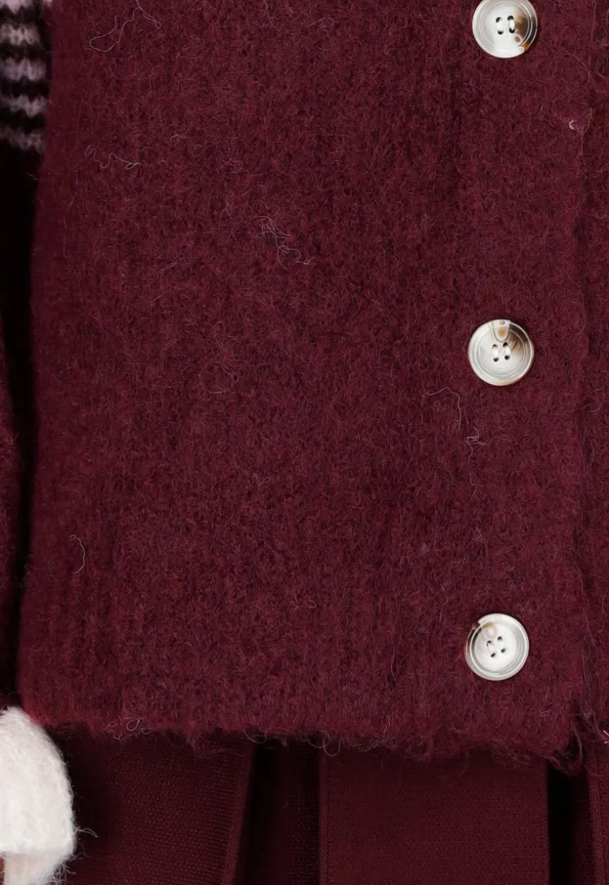 Bordeaux Gestreept Vest met Knoopsluiting en Contrasterende Boorden