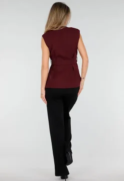 Bordeaux Gilet Top met Strikceintuur en Gouden Knoop