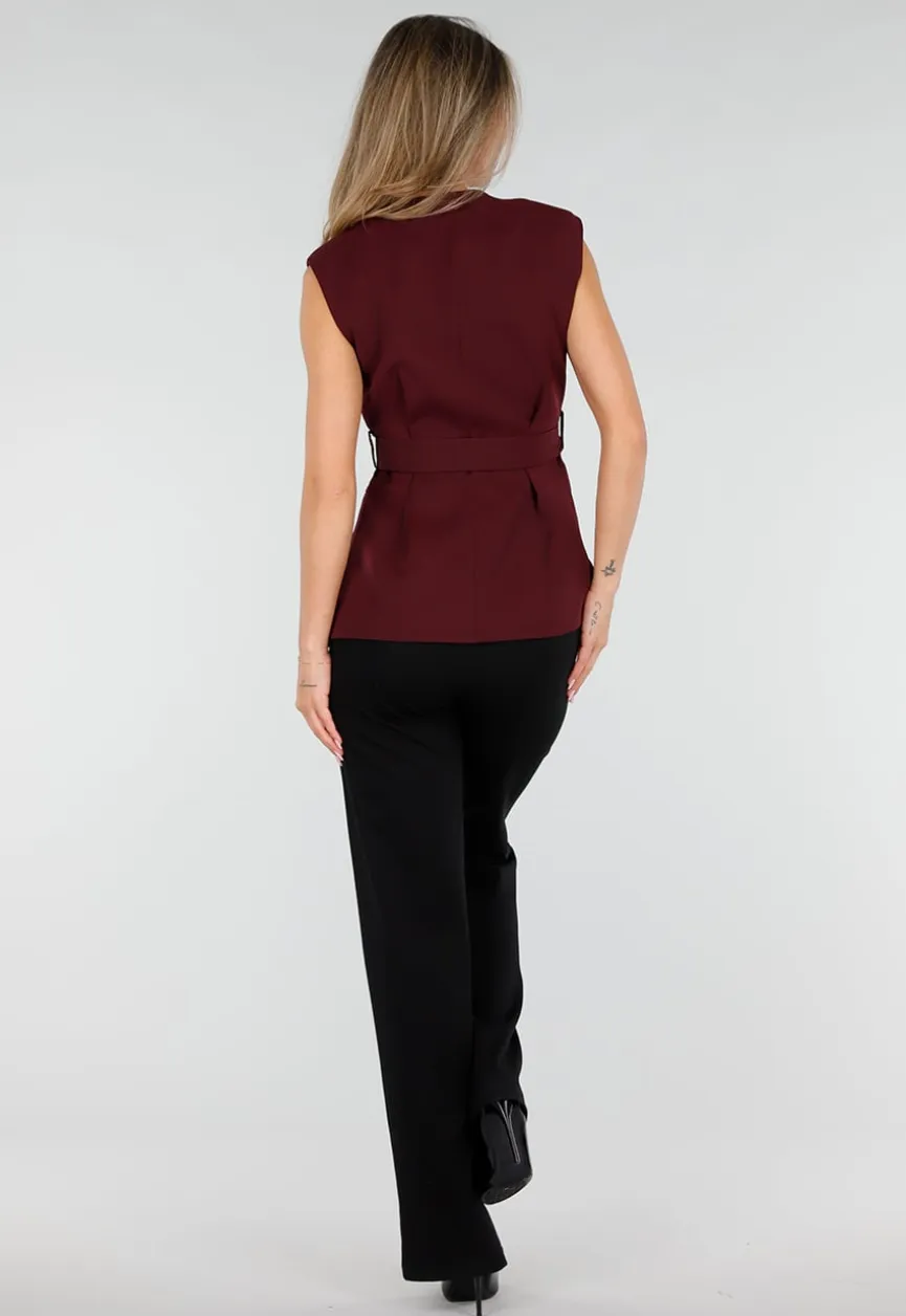 Bordeaux Gilet Top met Strikceintuur en Gouden Knoop