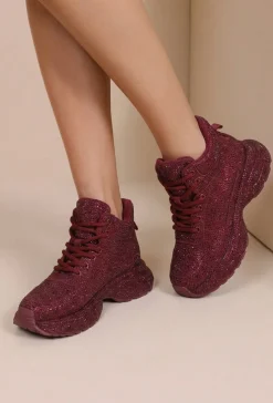 Bordeaux Glitter Sneakers met Hoge Schacht en Veters