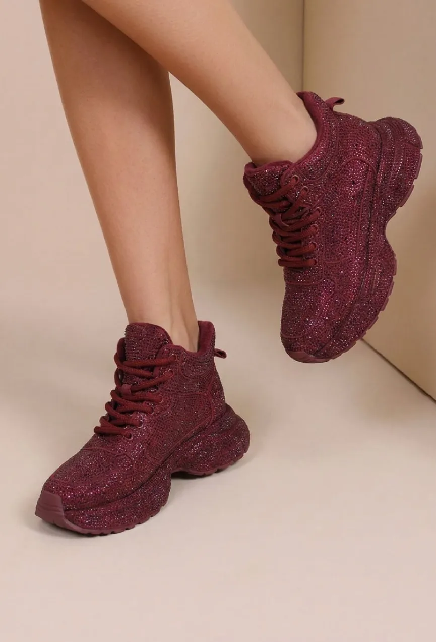Bordeaux Glitter Sneakers met Hoge Schacht en Veters