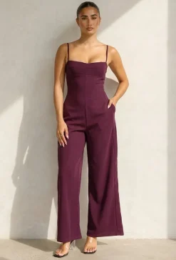 Bordeaux Jumpsuit met Smalle Bandjes en Wijde Pijpen