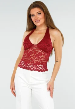 Bordeaux Kanten Haltertop met Open Rug en Stretch