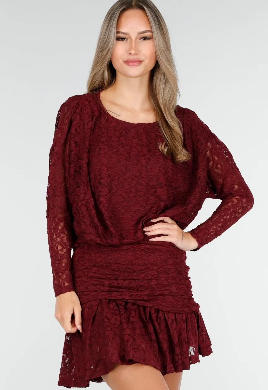 Bordeaux Kant Jurk met Lange Mouwen en Stretch