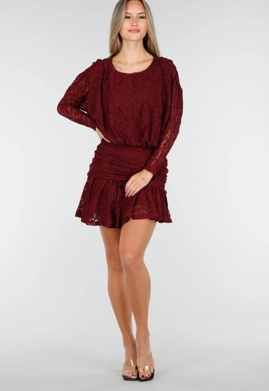Bordeaux Kant Jurk met Lange Mouwen en Stretch