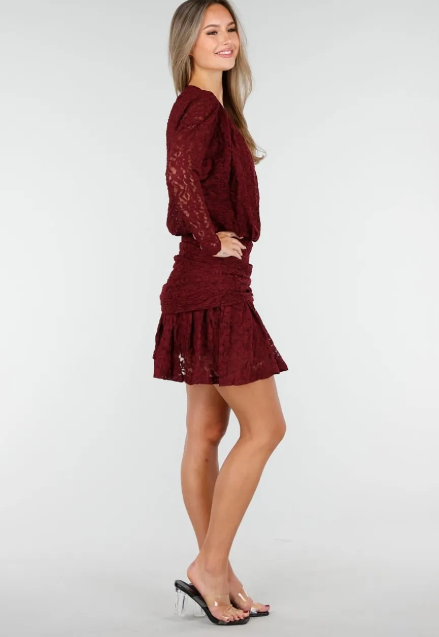 Bordeaux Kant Jurk met Lange Mouwen en Stretch