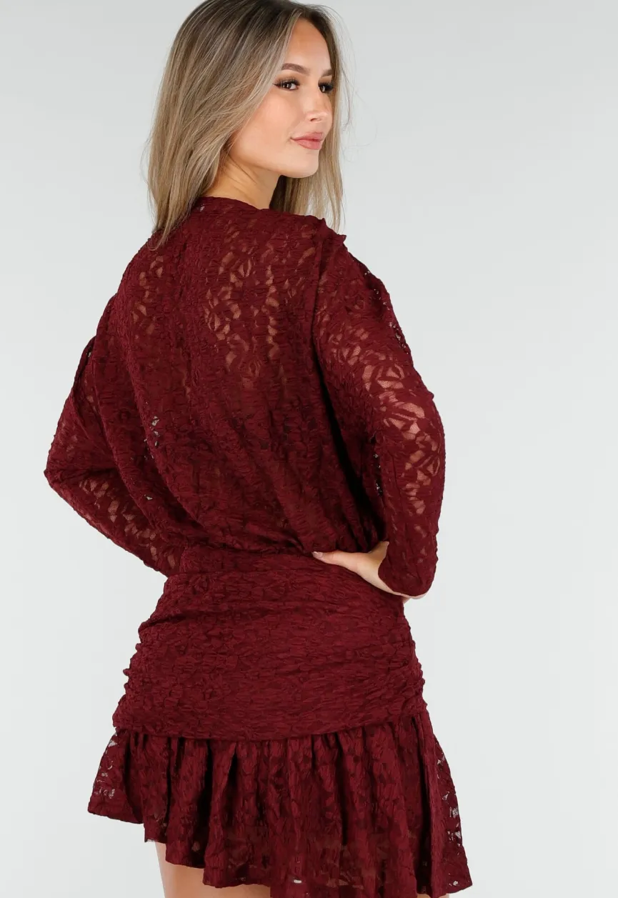 Bordeaux Kant Jurk met Lange Mouwen en Stretch