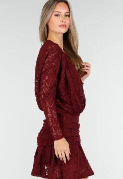 Bordeaux Kant Jurk met Lange Mouwen en Stretch