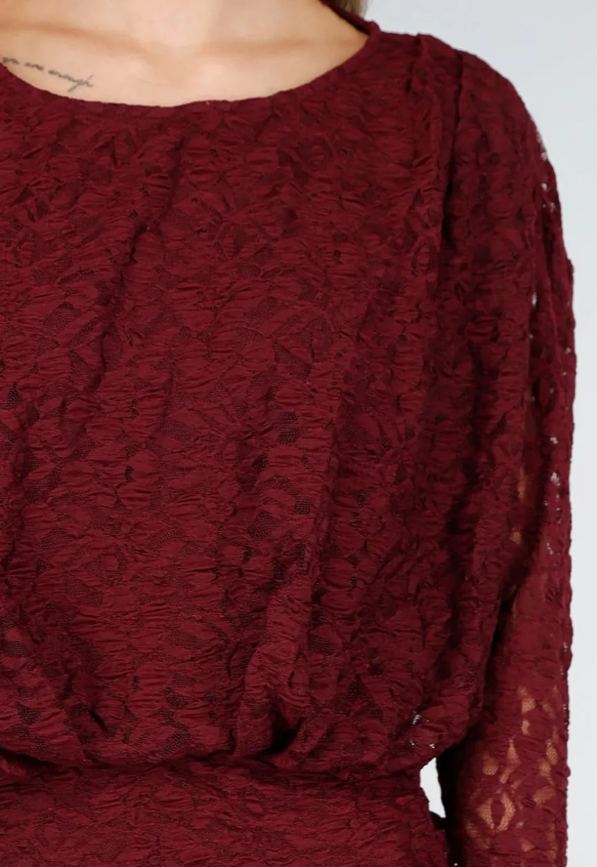 Bordeaux Kant Jurk met Lange Mouwen en Stretch