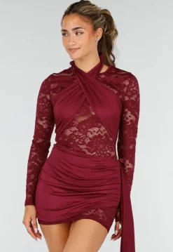 Bordeaux Kant Jurk met Lange Mouwen en Gedrapeerd Detail