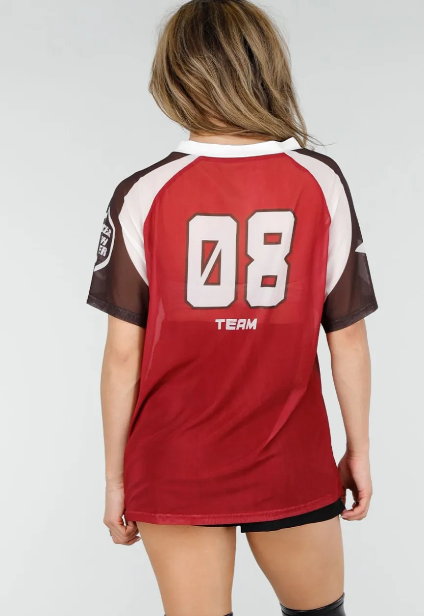 Bordeaux Mesh Jersey T-Shirt met Print en V-hals