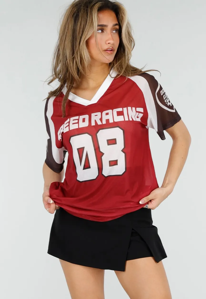 Bordeaux Mesh Jersey T-Shirt met Print en V-hals