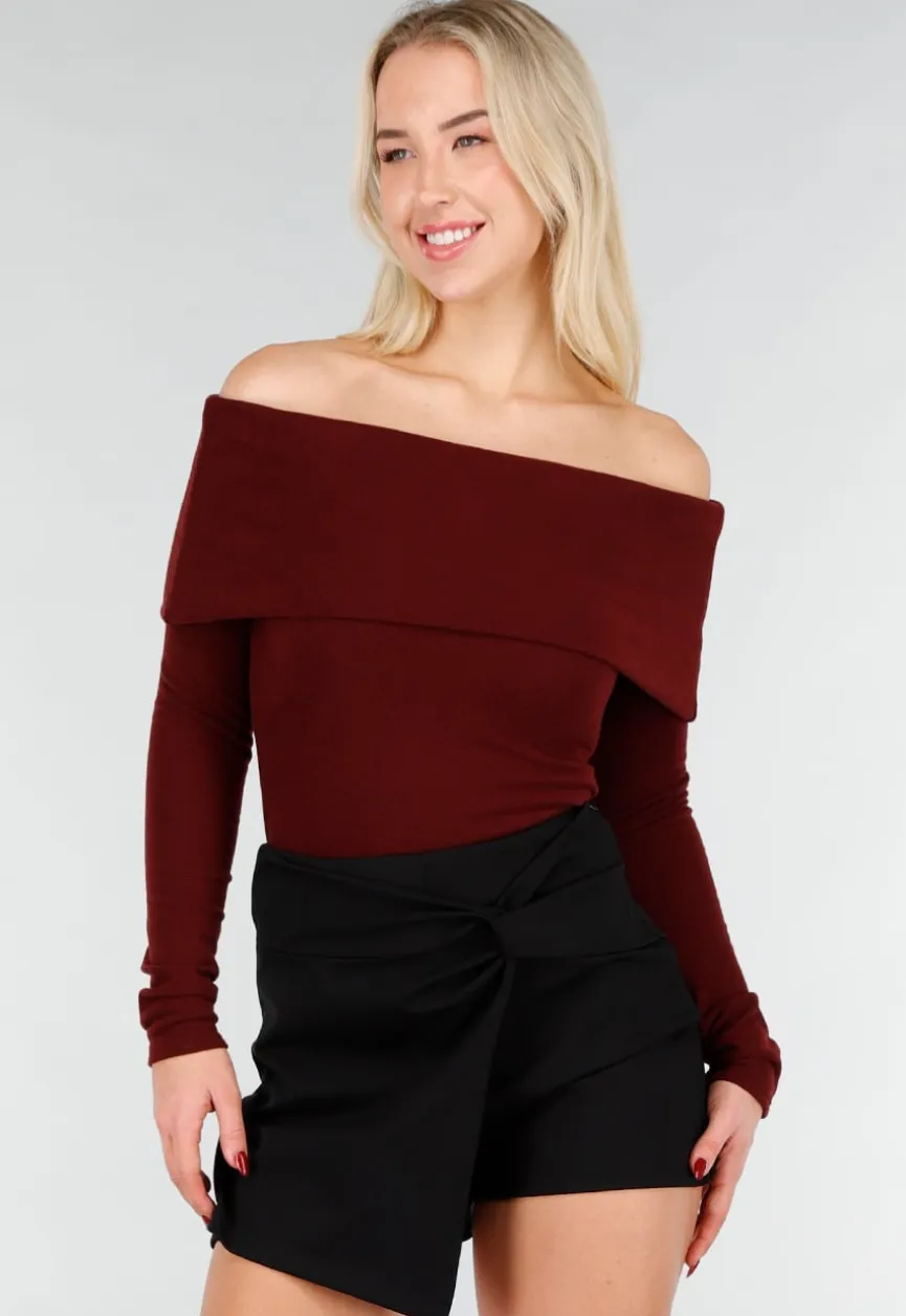 Bordeaux Off Shoulder Top met Lange Mouw