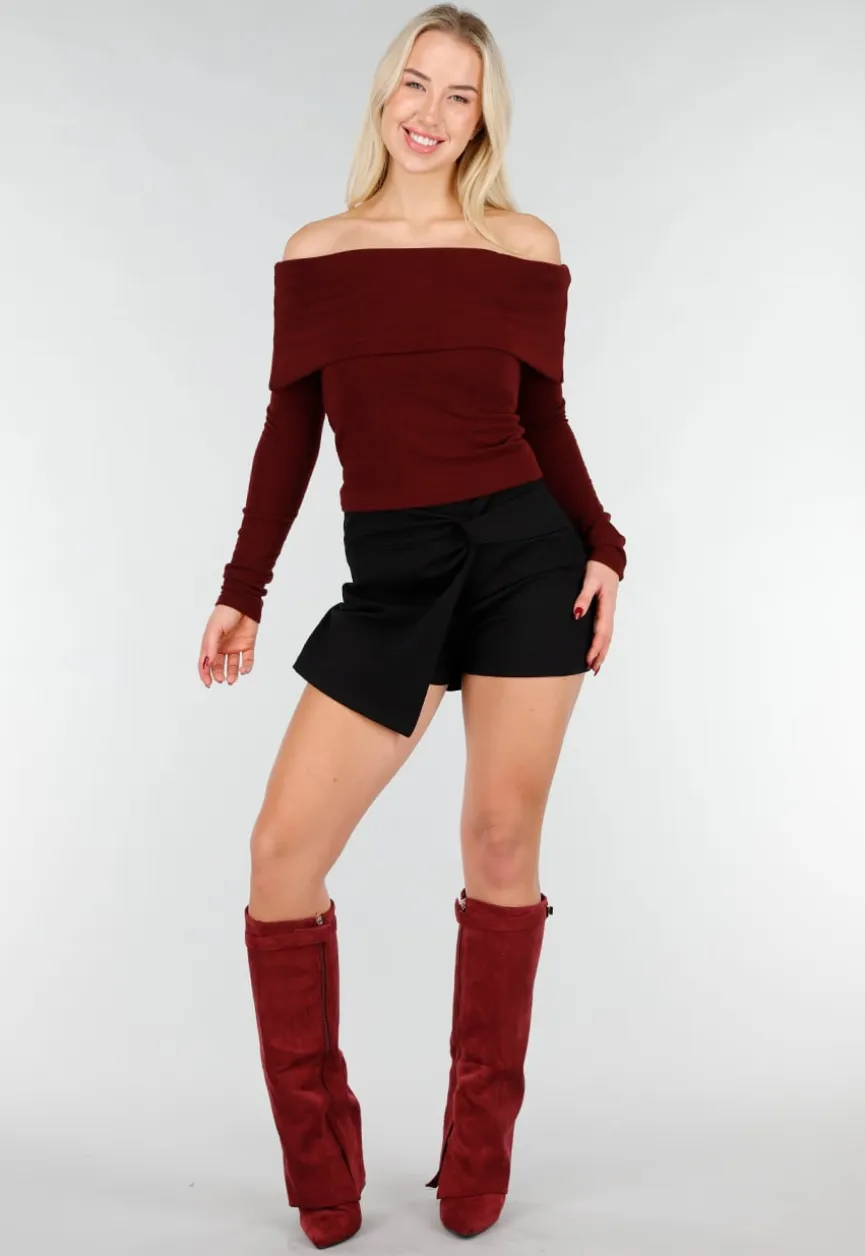 Bordeaux Off Shoulder Top met Lange Mouw