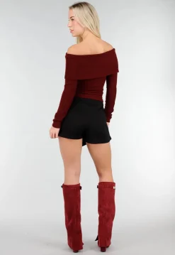 Bordeaux Off Shoulder Top met Lange Mouw