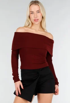 Bordeaux Off Shoulder Top met Lange Mouw