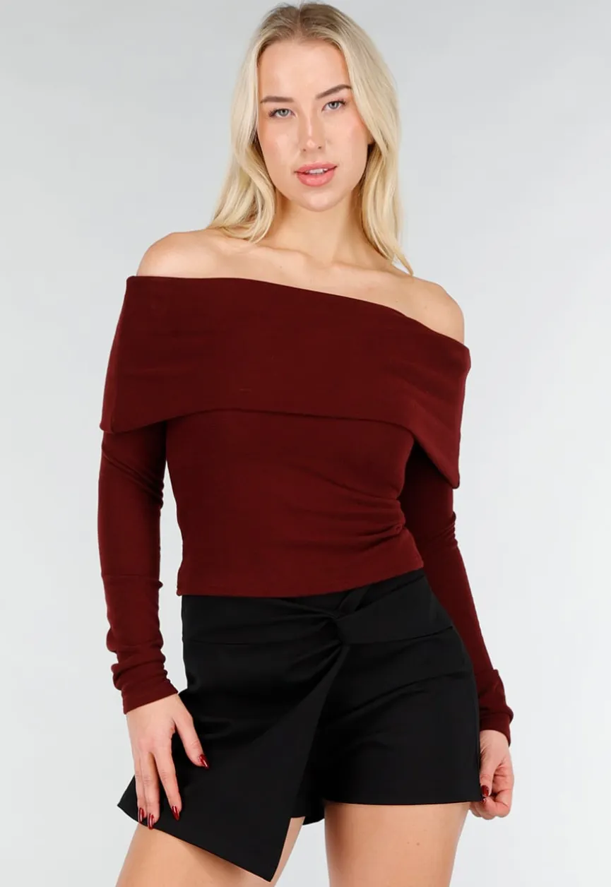 Bordeaux Off Shoulder Top met Lange Mouw