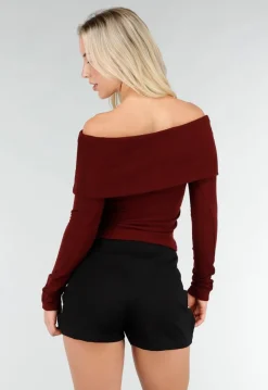 Bordeaux Off Shoulder Top met Lange Mouw