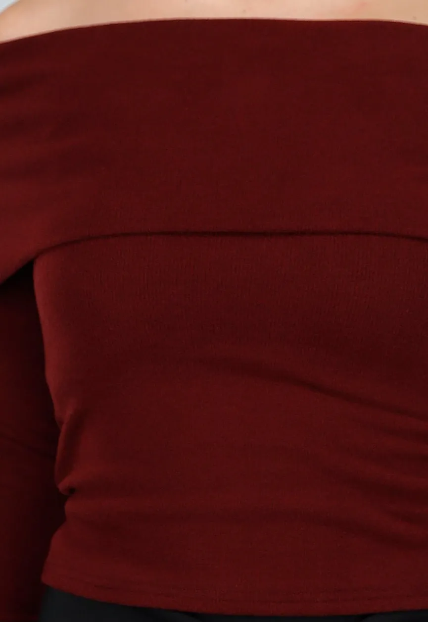 Bordeaux Off Shoulder Top met Lange Mouw