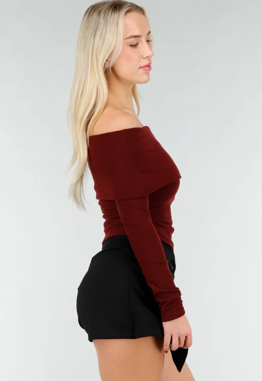 Bordeaux Off Shoulder Top met Lange Mouw