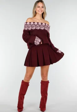Bordeaux Off Shoulder Trui met Fair Isle Motief en Lange Mouwen