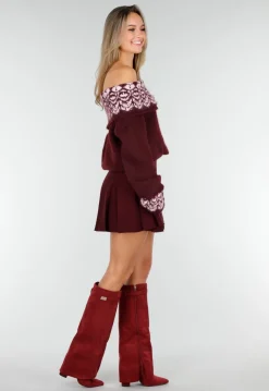 Bordeaux Off Shoulder Trui met Fair Isle Motief en Lange Mouwen