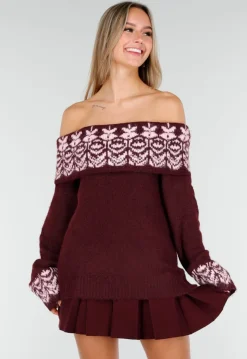 Bordeaux Off Shoulder Trui met Fair Isle Motief en Lange Mouwen