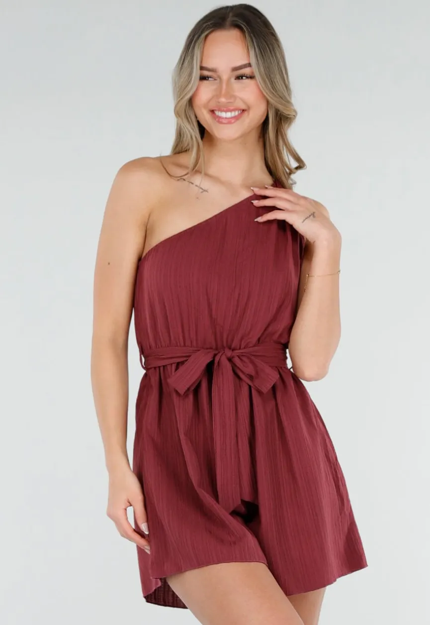 Bordeaux Playsuit met One Shoulder en Strik Tailleband