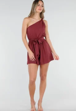 Bordeaux Playsuit met One Shoulder en Strik Tailleband