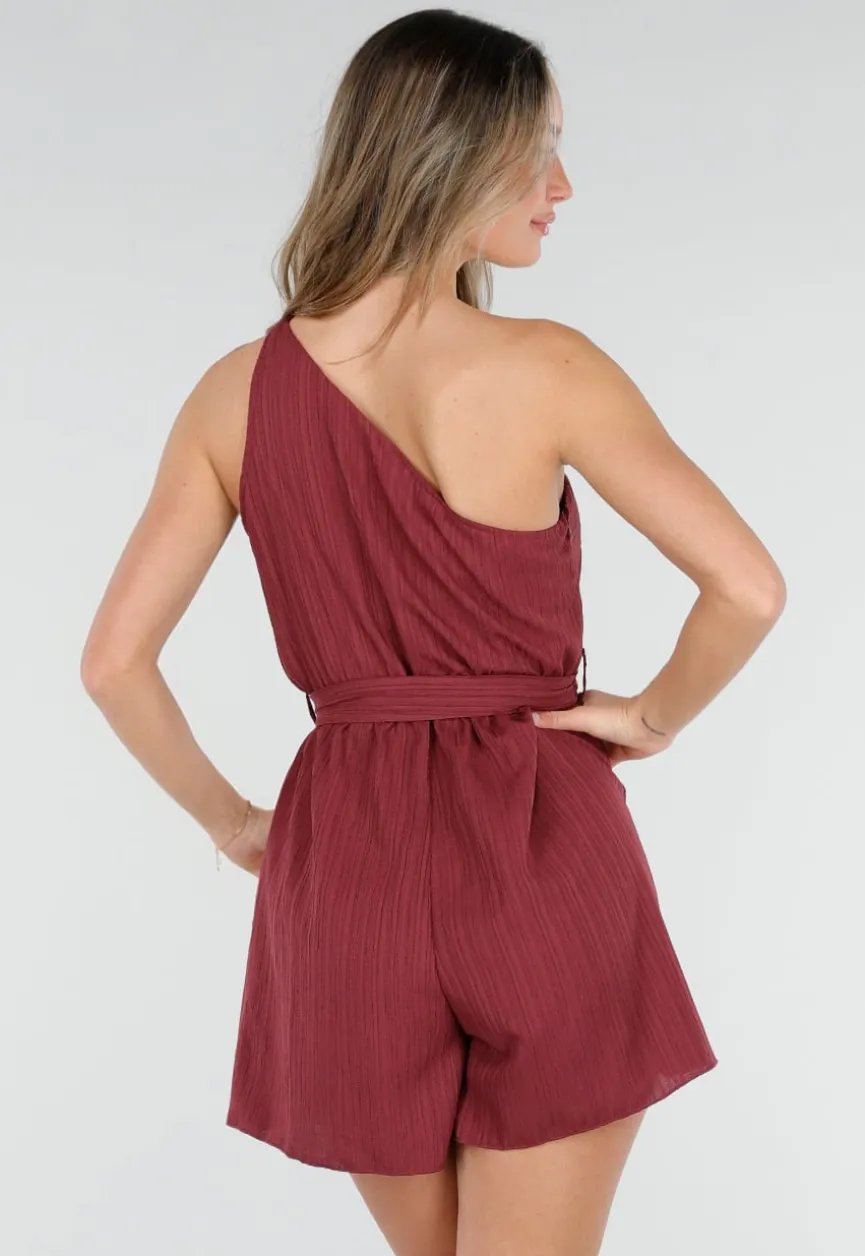 Bordeaux Playsuit met One Shoulder en Strik Tailleband