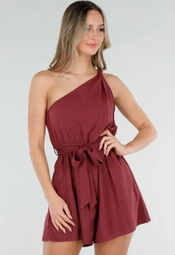 Bordeaux Playsuit met One Shoulder en Strik Tailleband