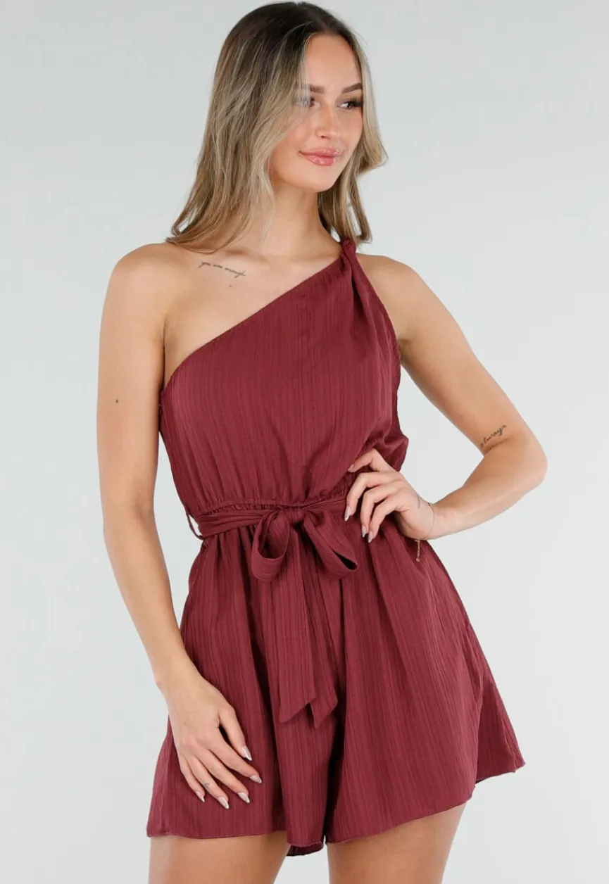 Bordeaux Playsuit met One Shoulder en Strik Tailleband