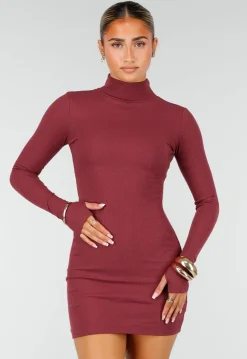 Bordeaux Rib Midi Jurk met Col en Lange Mouwen