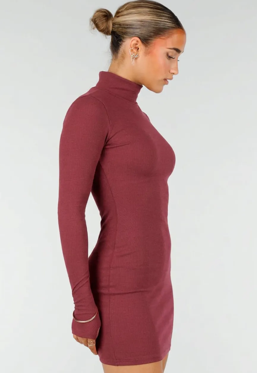 Bordeaux Rib Midi Jurk met Col en Lange Mouwen