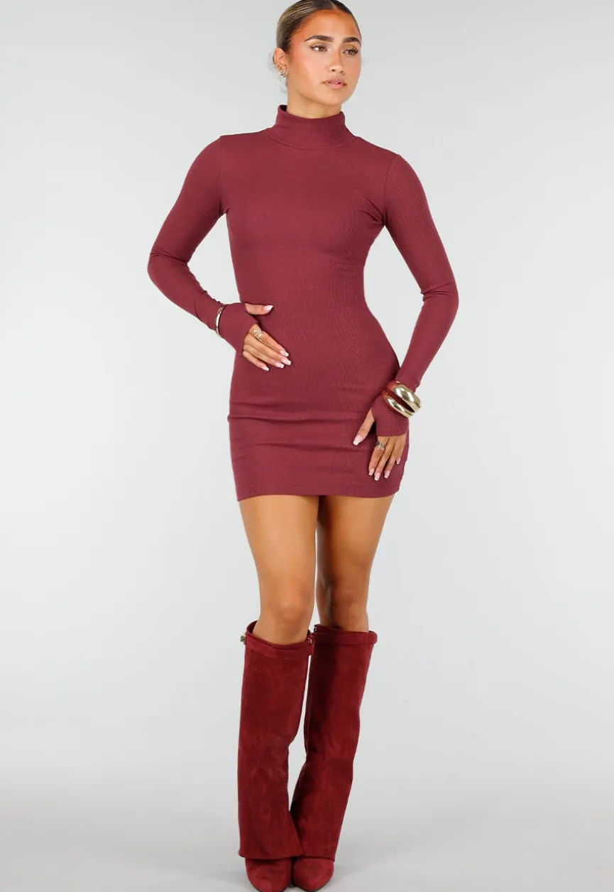 Bordeaux Rib Midi Jurk met Col en Lange Mouwen