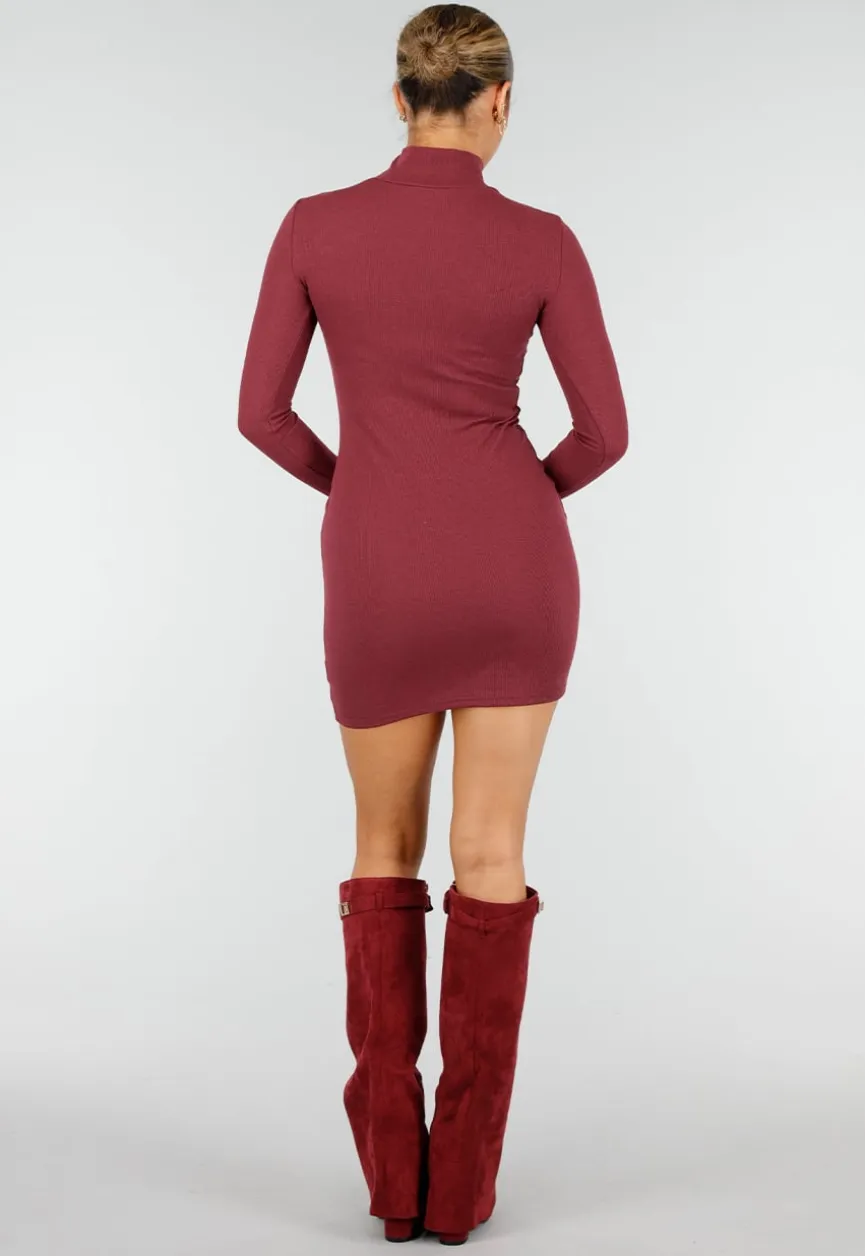 Bordeaux Rib Midi Jurk met Col en Lange Mouwen