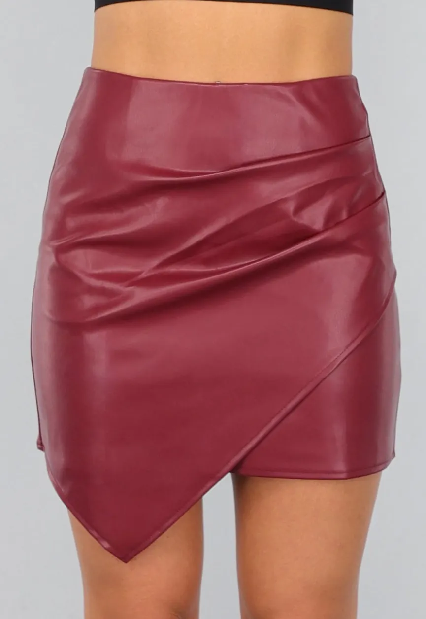 Bordeaux Rode Asymmetrische Lederlook Rok