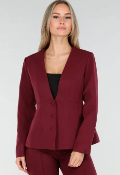 Bordeauxrode Blazer met Diepe Halslijn en Getailleerde Pasvorm