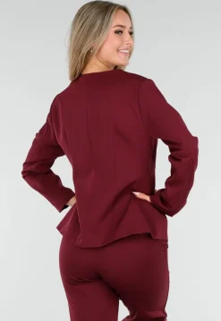 Bordeauxrode Blazer met Diepe Halslijn en Getailleerde Pasvorm