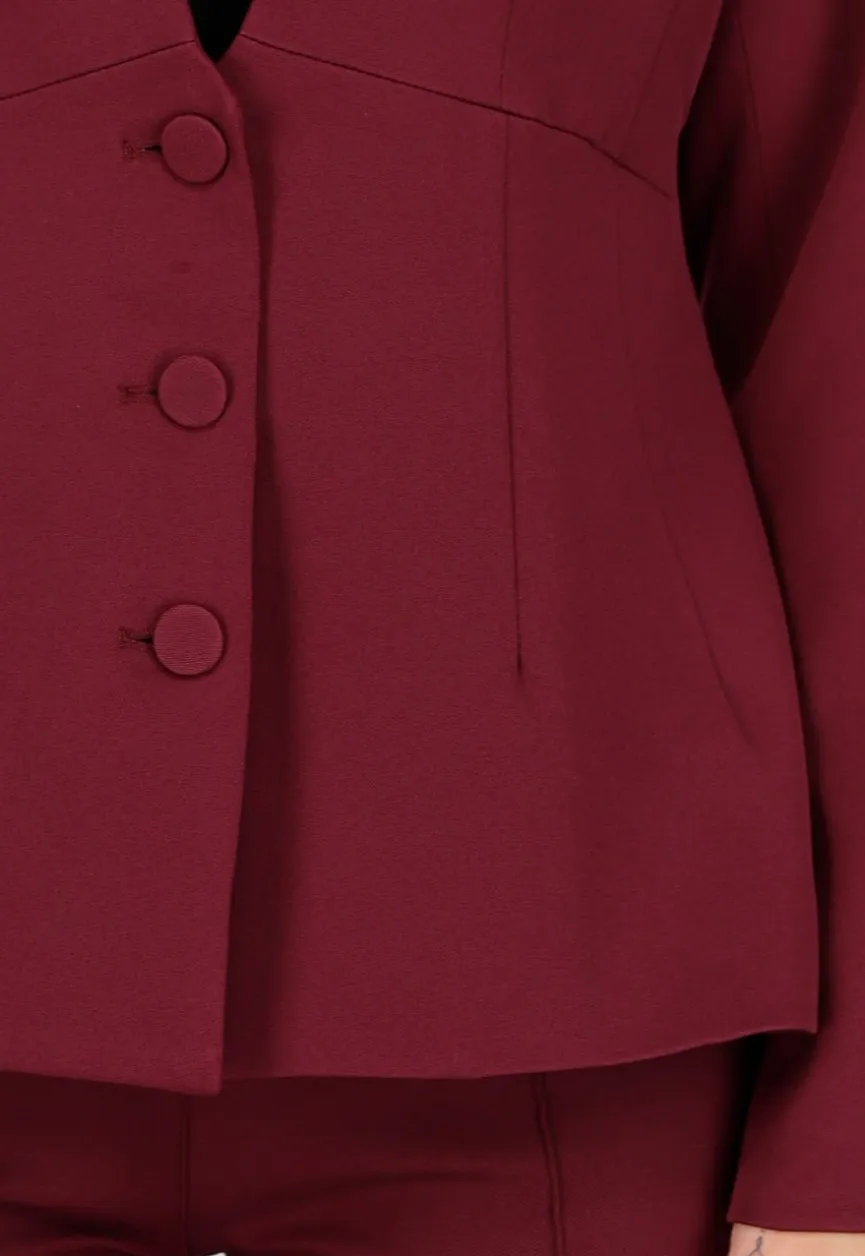 Bordeauxrode Blazer met Diepe Halslijn en Getailleerde Pasvorm